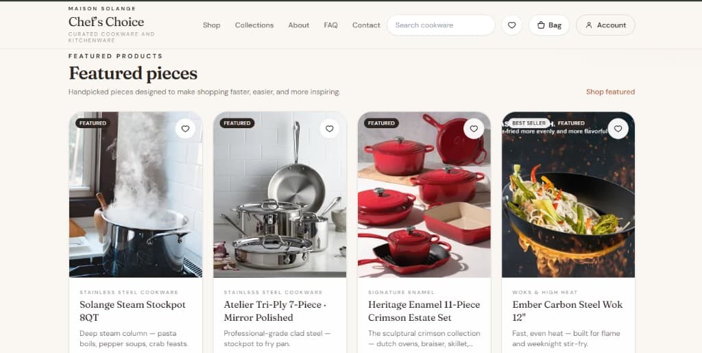 Featured pieces grid with product cards and imagery