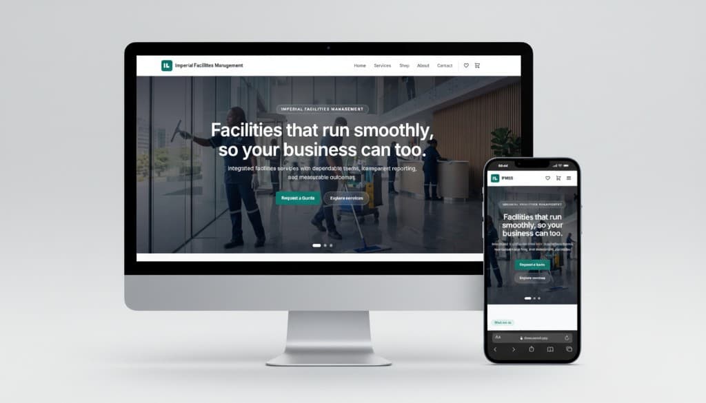 IFMSS Imperial Facilities Management website mockup on desktop and mobile with hero and team imagery